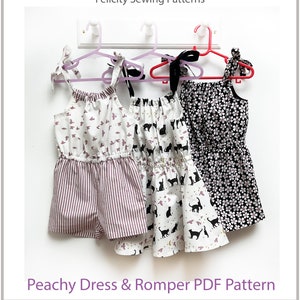 Cute Toddler/girls romper and dress sewing pattern, multiple style options. Peachy Dress & Playsuit pdf pattern. ENGLISH ONLY!!