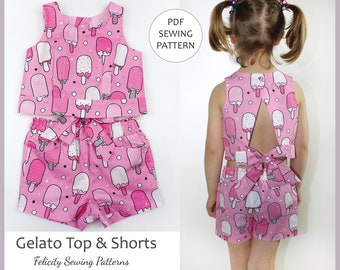 Cute Kids Summer Top and Shorts PDF Sewing Pattern, Plus Skirt! GELATO Top & Shorts Girls Sewing Pattern. Sizes 2 - 10 Years