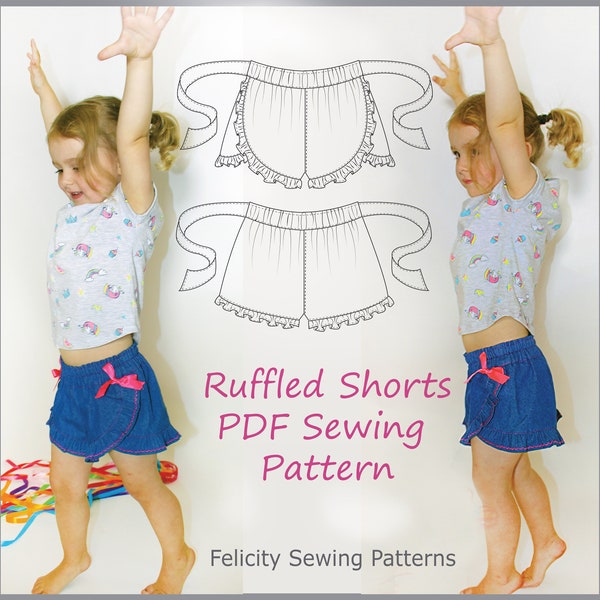 Girl's ruffled shorts sewing pattern, Ruffled Shorts pdf sewing pattern for girls sizes 2 - 12 years