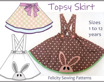 Girls flared skirt pdf sewing pattern, Topsy Skirt sizes 1 to 12 years, plus straps and appliques.