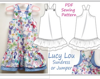 Sundress/jumper sewing pattern, Lucy Lou pdf girls dress pattern sizes 1 to 10 years, 2 style versions