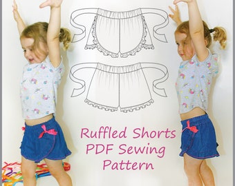 Naaipatroon voor meisjes gegolfde shorts, gegolfde shorts pdf naaipatroon voor meisjes maten 2 - 12 jaar