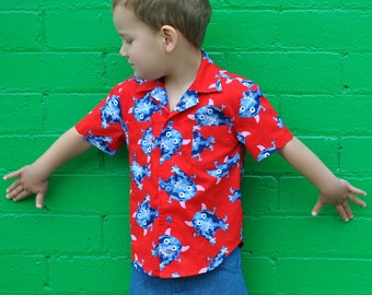 Boy's shirt sewing pattern The Thomas Shirt pdf sewing pattern, Hawaiian style shirt sizes 2 to 14 years.