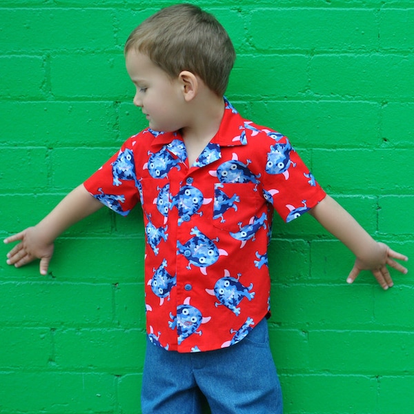 Patrón de costura de camisa para niño Patrón de costura en pdf de la camisa Thomas, camisa estilo hawaiano tallas 2 a 14 años. ¡SOLO EN INGLÉS!
