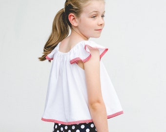 Girls dress pattern the Tilly Top & Dress pdf sewing pattern by Felicity Patterns. To fit 1 to 10 years easy flutter sleeve pattern