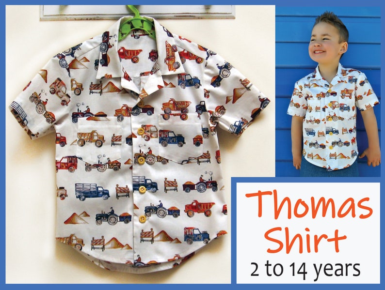 Boy's Hawaiian shirt sewing pattern for kids 2-14 years. THOMAS SHIRT pdf sewing pattern for childrens casual shirt. image 1