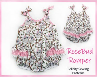 Frilly baby romper pdf sewing pattern RoseBud Romper, baby girl's romper pattern sizes 3 months to 3 years. ENGLISH  INSTRUCTIONS ONLY!!