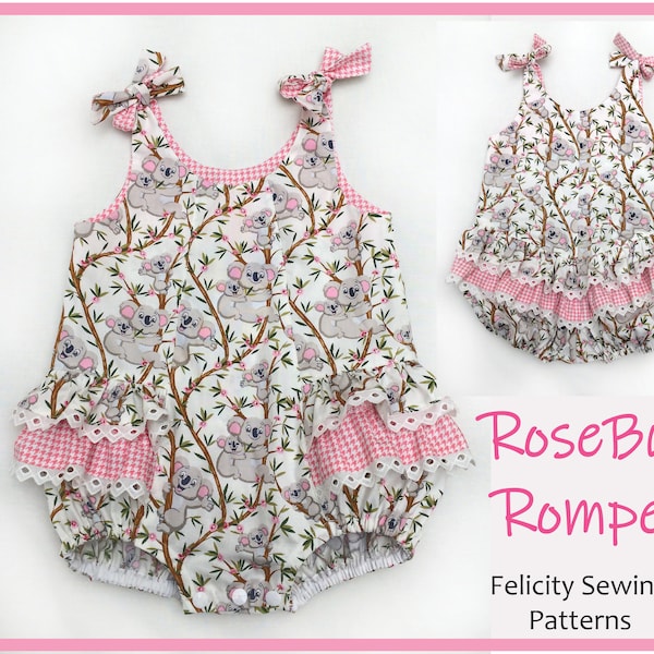 Frilly baby romper pdf sewing pattern RoseBud Romper, baby girl's romper pattern sizes 3 months to 3 years