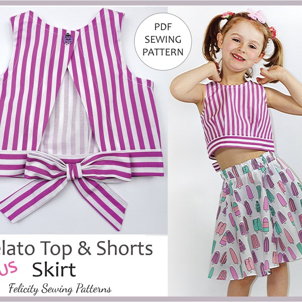 Patron de couture PDF pour haut, short et jupe d'été pour filles. GELATO Top & Shorts Pattern, Toddler - Girls Sizes 2 - 10 Years