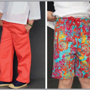 Fun summer shorts and long pants pdf sewing pattern for kids, MANGO Shorts & Longies sizes 2 to 12 years, suit boys and girls.