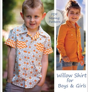 Könnte beinhalten: PDF-Schnittmuster für ein Willow-Shirt für Jungen und Mädchen. Das Schnittmuster beinhaltet ein kurzärmeliges Shirt mit geometrischem Muster und ein langärmeliges Shirt in unifarbener Ausführung.