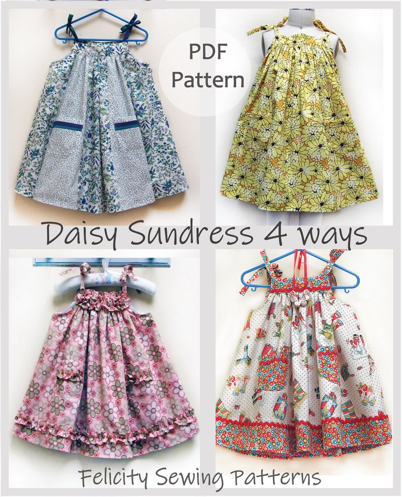 May include: Four variations of a sleeveless sundress pattern, called the Daisy Sundress, with different floral prints. The pattern is available as a PDF download from Felicity Sewing Patterns.