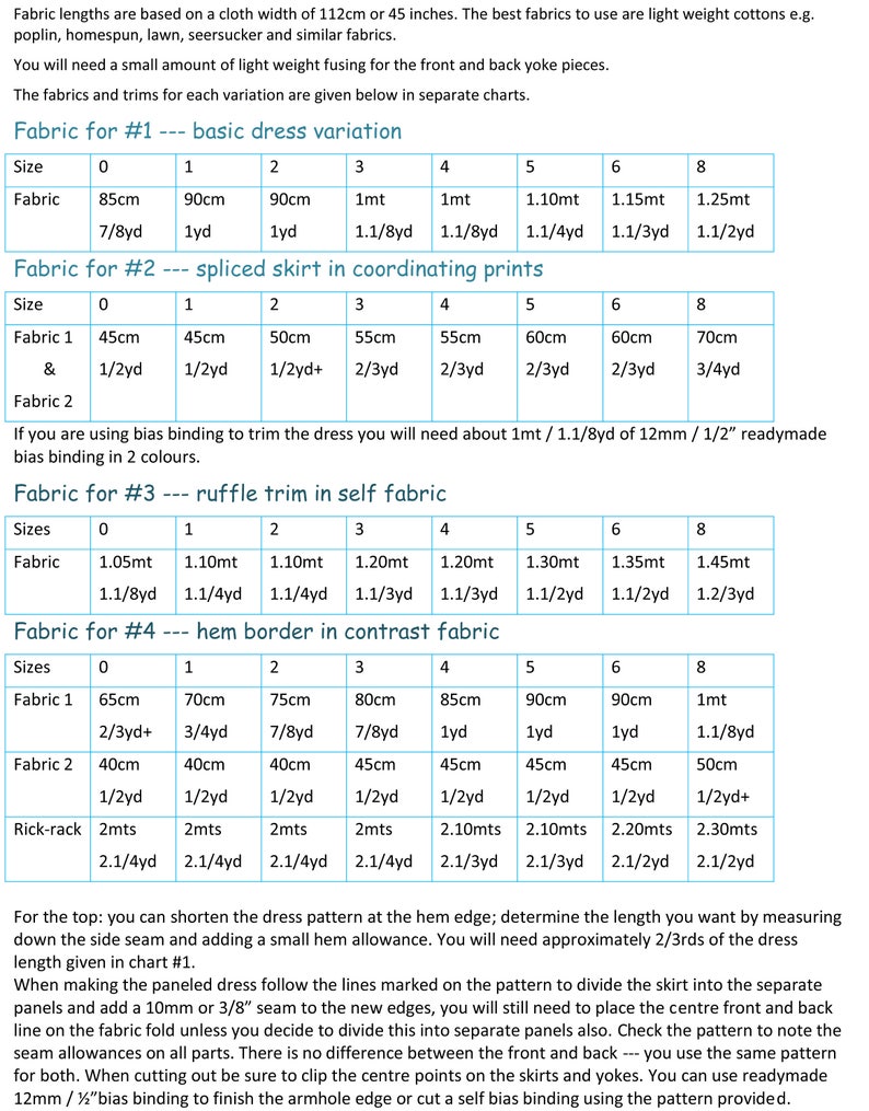 May include: A chart with fabric requirements for different dress variations. The chart includes fabric type, size, and measurements in both inches and centimeters. The chart also includes information about bias binding and ruffle trim.