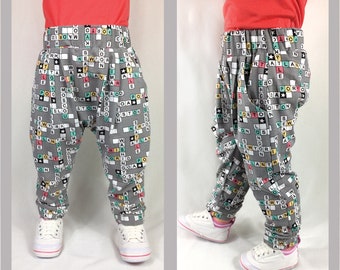 Harem pants pdf sewing pattern for babies and toddlers, PANDA Pants digital sewing pattern sizes 3+ months to 6 years