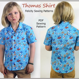 Boy&#39;s shirt sewing pattern The Thomas Shirt pdf sewing pattern, Hawaiian style shirt sizes 2 to 14 years.