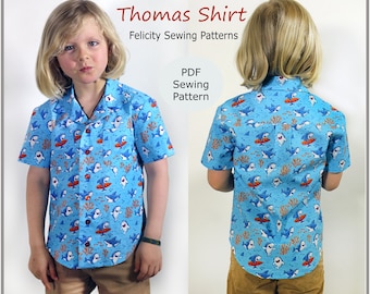 Boy's shirt sewing pattern The Thomas Shirt pdf sewing pattern, Hawaiian style shirt sizes 2 to 14 years.