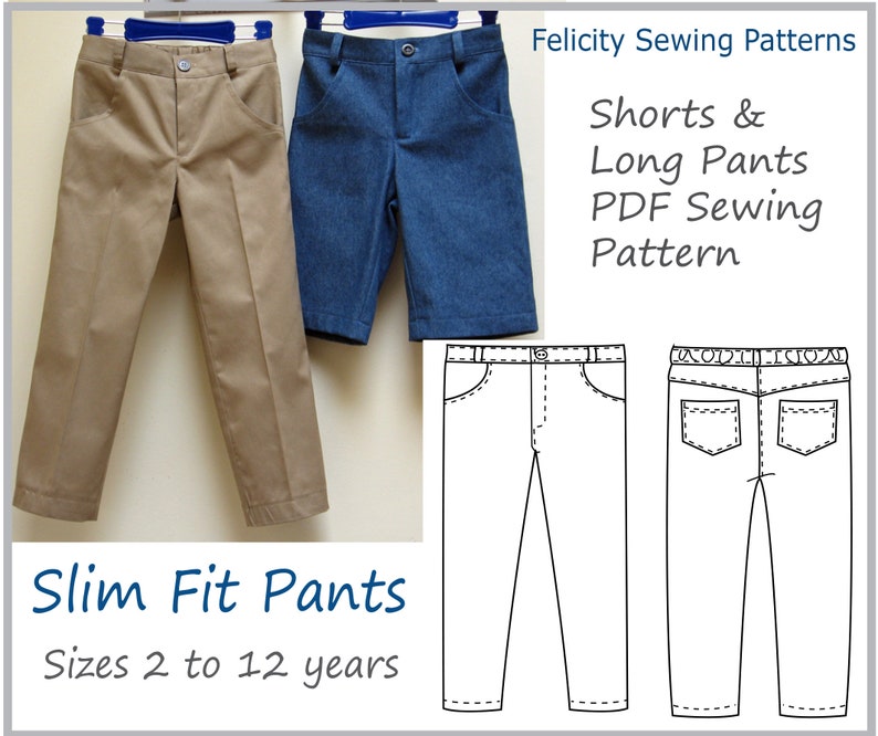 Boys trouser sewing pattern SLIM FIT PANTS boys pdf sewing pattern, boys trouser & shorts pattern sizes 2 to 12 years. image 1