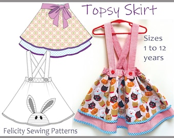 Girls' suspender skirt pdf sewing pattern Topsy Skirt sizes 1 to 12 years. plus 2 appliques. ENGLISH  INSTRUCTIONS ONLY!!