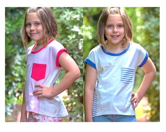 Summer T shirt PDF sewing pattern with fun Christmas applique, Sunday T Shirt, girls T shirt pattern sizes 2 to 14 years