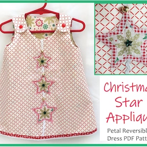Puede incluir: Un patrón de vestido reversible de Navidad con estampado de cuadros rojos y blancos y una aplicación de estrella verde y dorada. El patrón se llama "Christmas Star Applique Petal Reversible Dress PDF Pattern".
