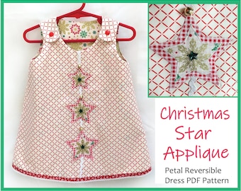 Jumper dress pdf sewing pattern Petal Reversible dress, Xmas Star applique, baby and toddler dress size 6+ mths to 8 yrs.