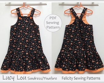 Girls dress pdf sewing pattern, Lucy Lou girls sundress/jumper pattern, children's sewing pattern to fit 1 to 10 years.