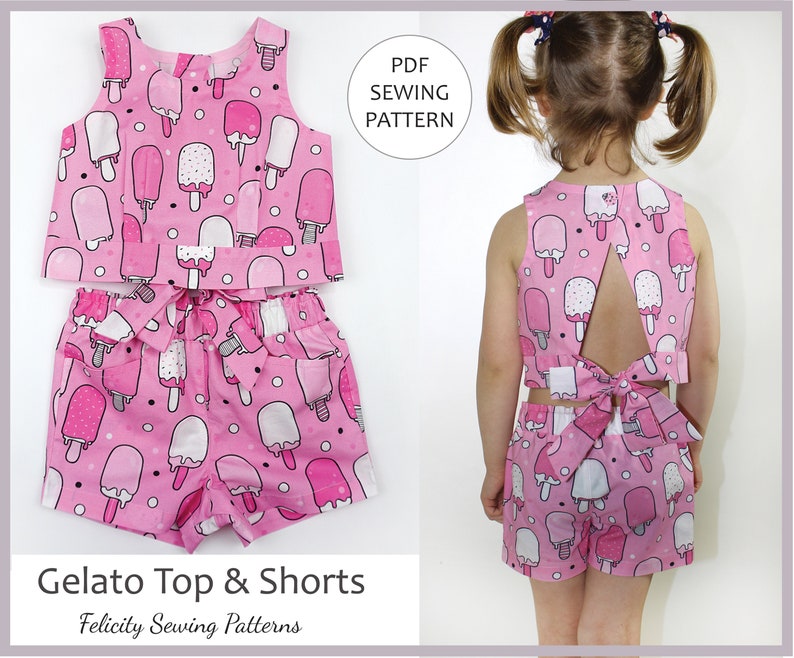 PDF Sewing Pattern for Girls Summer Top, Shorts and Skirt. GELATO Top & Shorts Pattern, Toddler - Girls Sizes 2 - 10 Years