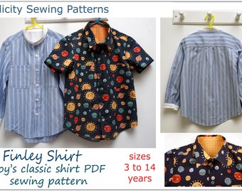 Boy's classic shirt, school shirt, sizes 3 to 14 years PDF sewing pattern. FINLEY SHIRT.