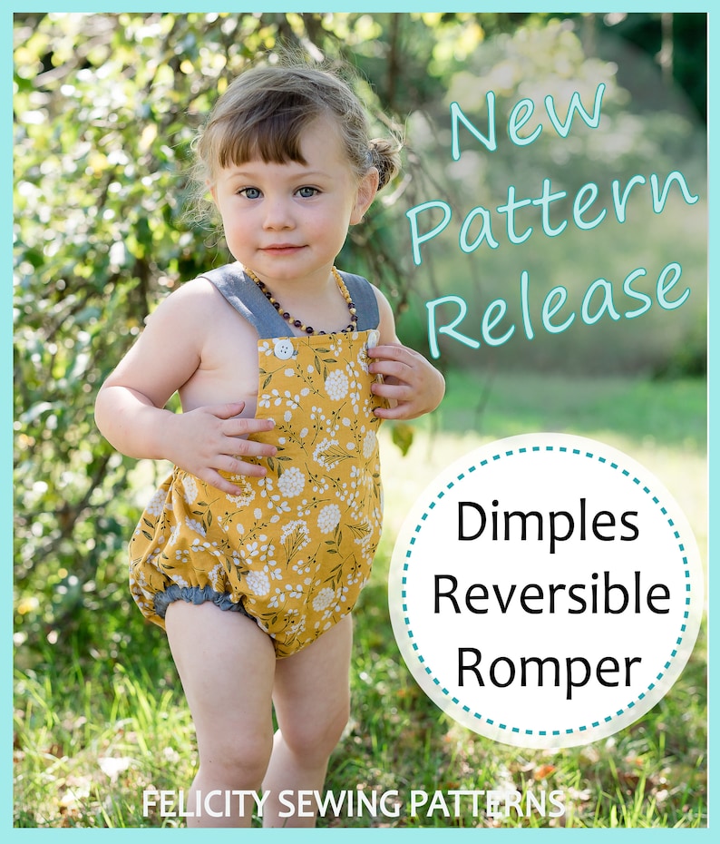 Toddler boy & girl romper pdf sewing pattern, DIMPLES reversible toddler and baby romper/sun suit sizes 3+ months to 3 years