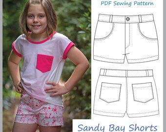 Naaipatroon shorts in jeansstijl Sandy Bay Shorts, klassieke shorts voor meisjes pdf-patroon maten 2 tot 14 jaar, zomershorts voor kinderen