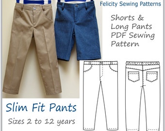 Boy's casual trousers sewing pattern Slim Fit Pants pdf sewing pattern, boys trouser & shorts sizes 2-12 years