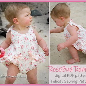 Baby girl's ruffled romper, RoseBud Baby Romper pdf sewing pattern, sizes 3+ months to 3 years.