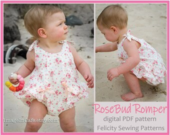 Baby girl's ruffled romper, RoseBud Baby Romper pdf sewing pattern, sizes 3+ months to 3 years.