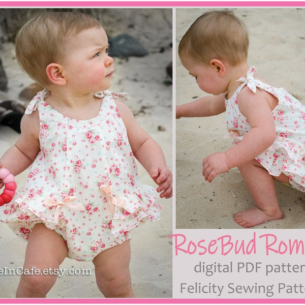 Barboteuse à volants pour bébé fille, patron de couture RoseBud Baby Romper pdf, tailles 3+ mois à 3 ans.