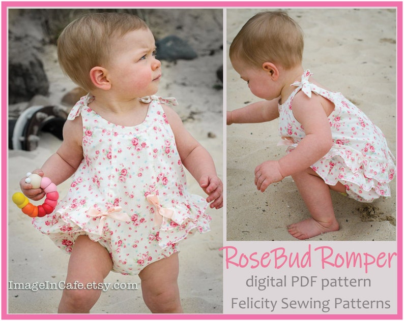 Baby girl's ruffled romper, RoseBud Baby Romper pdf sewing pattern, sizes 3 months to 3 years. image 1