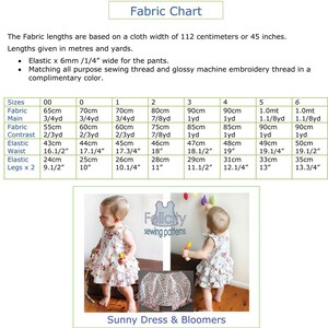 May include: A fabric chart for a sunny dress and bloomers sewing pattern. The chart lists fabric requirements in inches and yards for sizes 00 to 6. The chart includes fabric for the main dress, contrast fabric, elastic for the waist, and elastic for the legs.