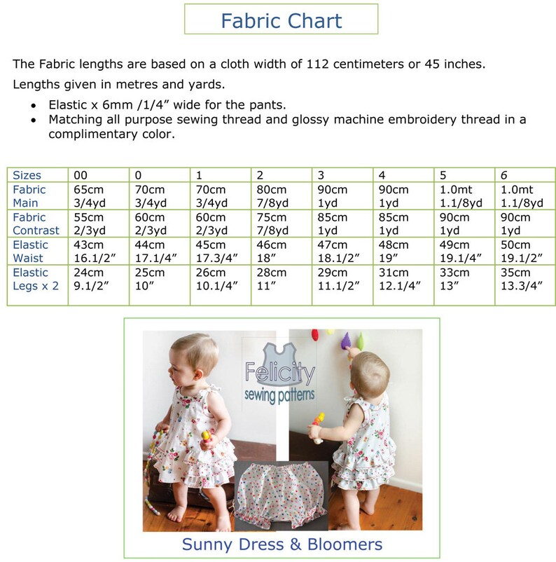 May include: A fabric chart for a sunny dress and bloomers sewing pattern. The chart lists fabric requirements in inches and yards for sizes 00 to 6. The chart includes fabric for the main dress, contrast fabric, elastic for the waist, and elastic for the legs.