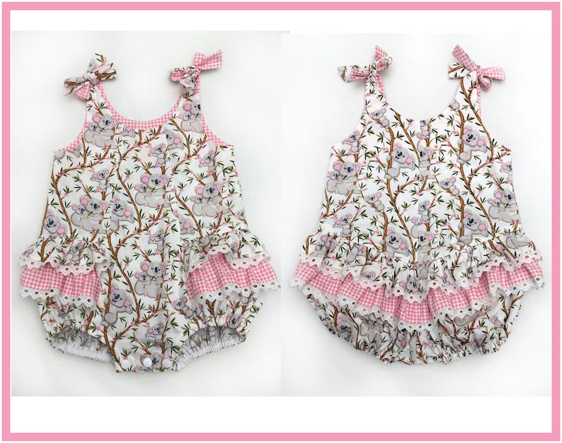 May include: Two white and pink baby onesies with a koala print and pink and white gingham trim. The onesies have a ruffle at the bottom and bows on the straps.