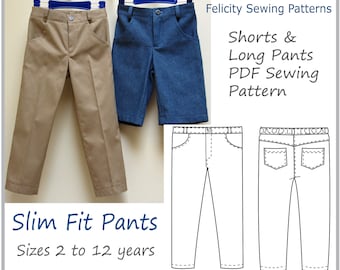 Patrón de costura de pantalón casual para niño. Patrón de costura de pantalones Slim Fit en PDF. Pantalones y pantalones cortos para niños de 2 a 12 años. ¡INSTRUCCIONES SOLO EN INGLÉS!