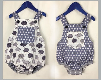 Baby boy romper pdf sewing pattern, DIMPLES reversible toddler and baby romper/sun suit sizes 3+ months to 3 years