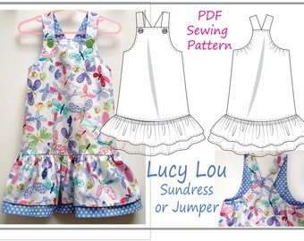 Sewing pattern girls summer dress/jumper, Lucy Lou girls pdf dress pattern, children's sewing pattern to fit 1 to 10 years.