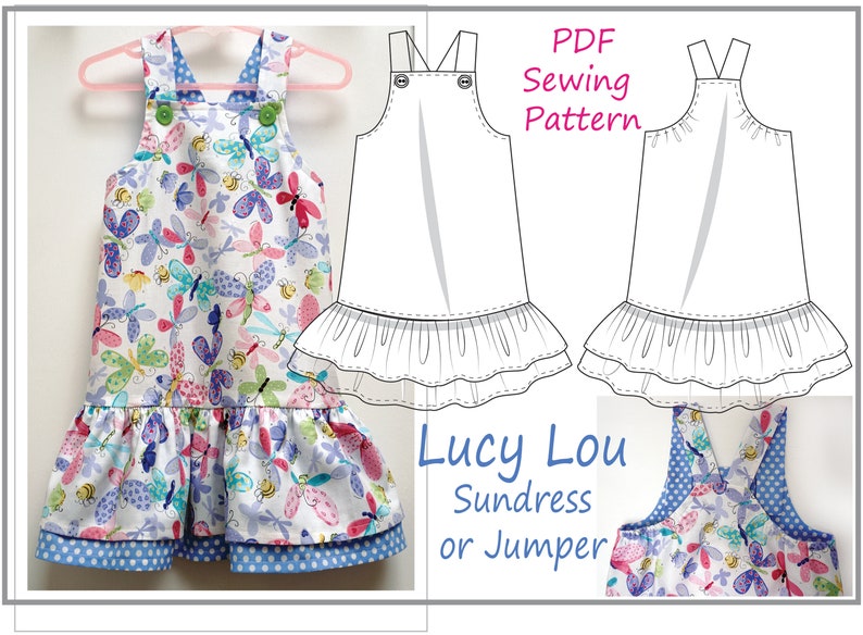 Sewing pattern girls summer dress/jumper, Lucy Lou girls pdf dress pattern, children's sewing pattern to fit 1 to 10 years. image 1