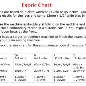 May include: Fabric chart for sewing a baby garment with instructions for different sizes from 3-6 months to 2-3 years. The chart includes fabric, elastic, bias binding, and age guide.