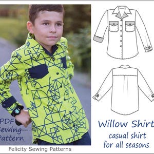 Könnte beinhalten: Ein PDF-Schnittmuster für ein Willow-Shirt, ein lässiges Hemd für alle Jahreszeiten. Das Schnittmuster enthält eine Vorder- und Rückansicht des Hemdes sowie eine Nahaufnahme der Details des Hemdes. Das Hemd wird an einem jungen Menschen gezeigt, der ein grün-blaues gemustertes Hemd trägt.