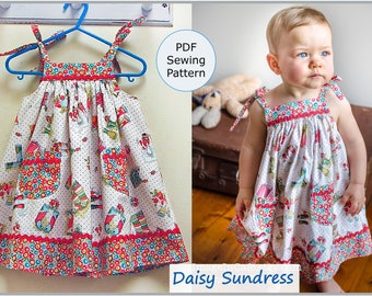 Naaipatroon voor meisjes en baby's Daisy Sundress digitaal pdf-naaipatroon, eenvoudig meisjesjurkpatroon maten 6-9 maanden tot 8 jaar.