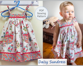 Naaipatroon voor meisjes en baby's Daisy Sundress digitaal pdf-naaipatroon, eenvoudig meisjesjurkpatroon maten 6-9 maanden tot 8 jaar.