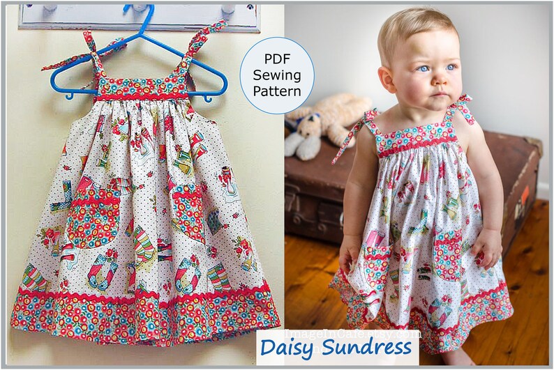 Girl and baby sundress sewing pattern Daisy Sundress digital pdf pattern, easy girls dress pattern sizes 6-9 mths to 8 yrs