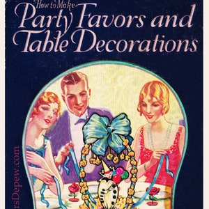 May include: Vintage illustration from "How to Make Party Favors and Table Decorations." The image features a central decorative arrangement with a clown figure, surrounded by a floral base and a decorative bow. The artwork has a retro style with a dark blue background.