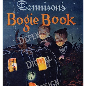May include: Vintage Halloween-themed illustration from "Dennison's Bogie Book." The image features a large, dark pumpkin with lit windows, two children, and a witch. Text includes "Suggestions for Halloween & Thanksgiving."