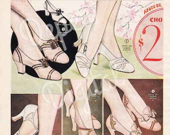 Digital Vintage 1930s Fashion Print Shoe Ads Set of Four Pages - Print at Home Decor - INSTANT DOWNLOAD